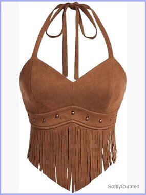 Plus Size Fringe Halter Top Beaded Cowgirl Crop Top